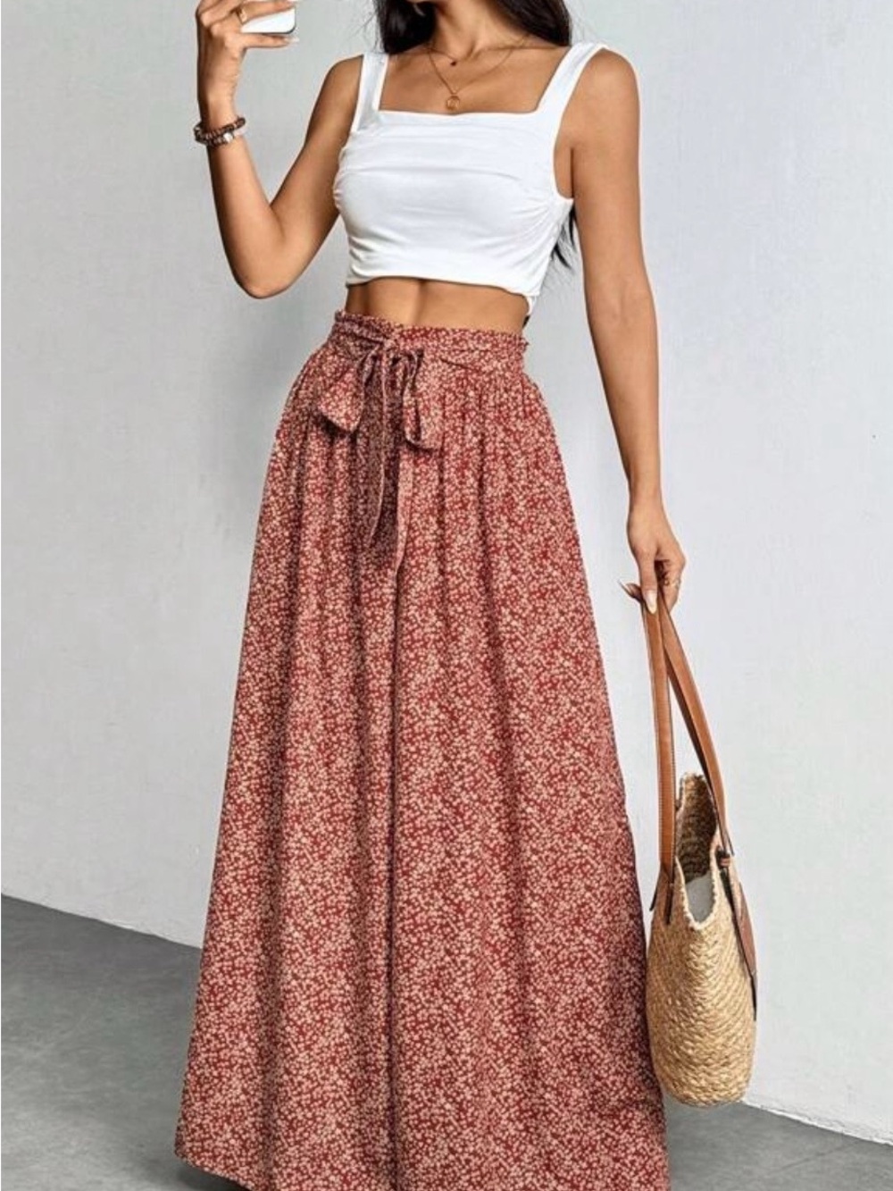 SHEIN Rust Floral Tie-Waist Wide Leg Bohemian Pants